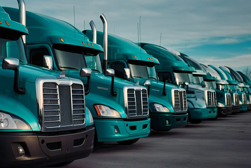 many semi trucks in a lined- showing benefit of two-way radios with fleets