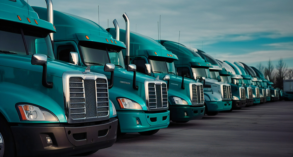 many semi trucks in a lined- showing benefit of two-way radios with fleets