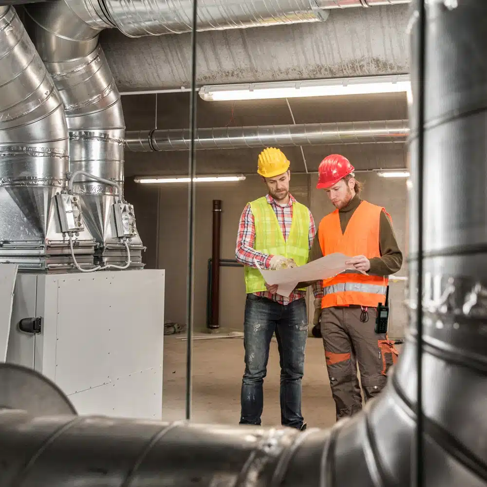 Two facility workers looking at blueprint document
