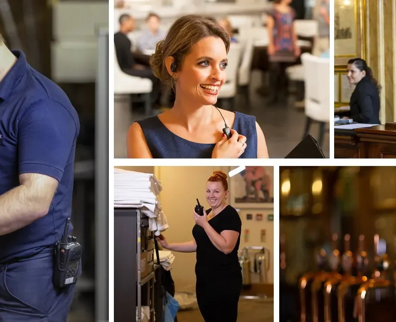 collage of hospitality workers using Kenwood radios